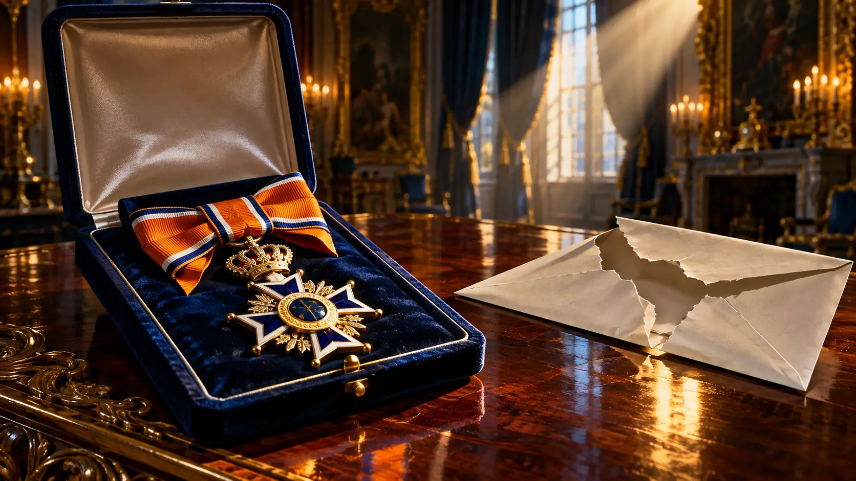 Een ridderorde aan een oranje lint in een open etui, naast een opengescheurde envelop in een schemerig paleis