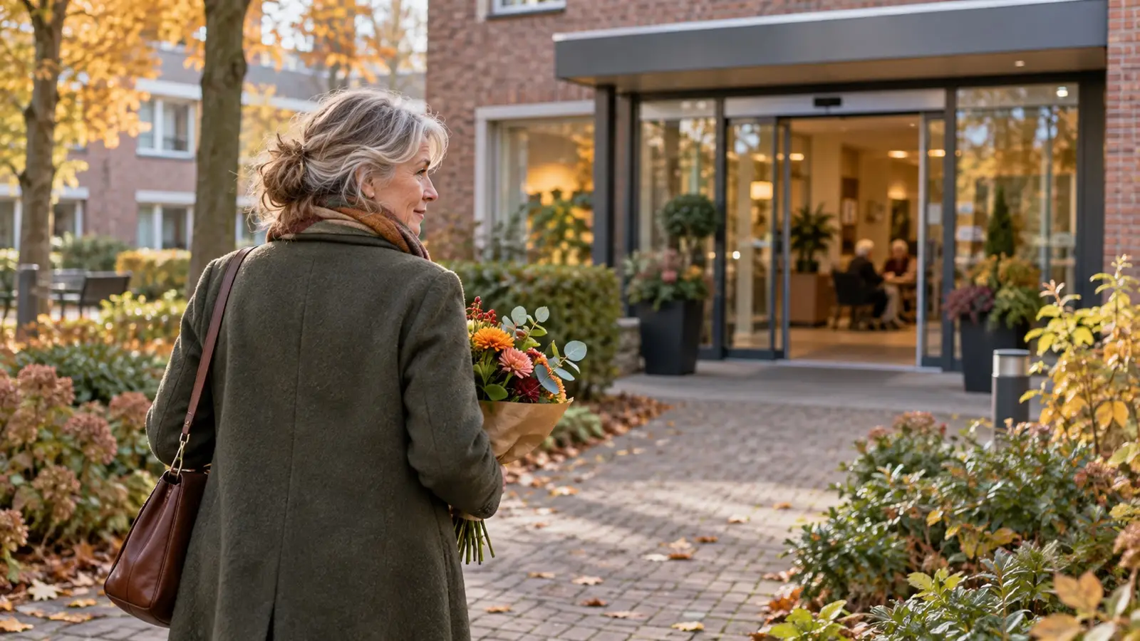 Vrouw met een bosje bloemen loopt in de herfst over een tuinpad naar de ingang van een woonzorgcentrum