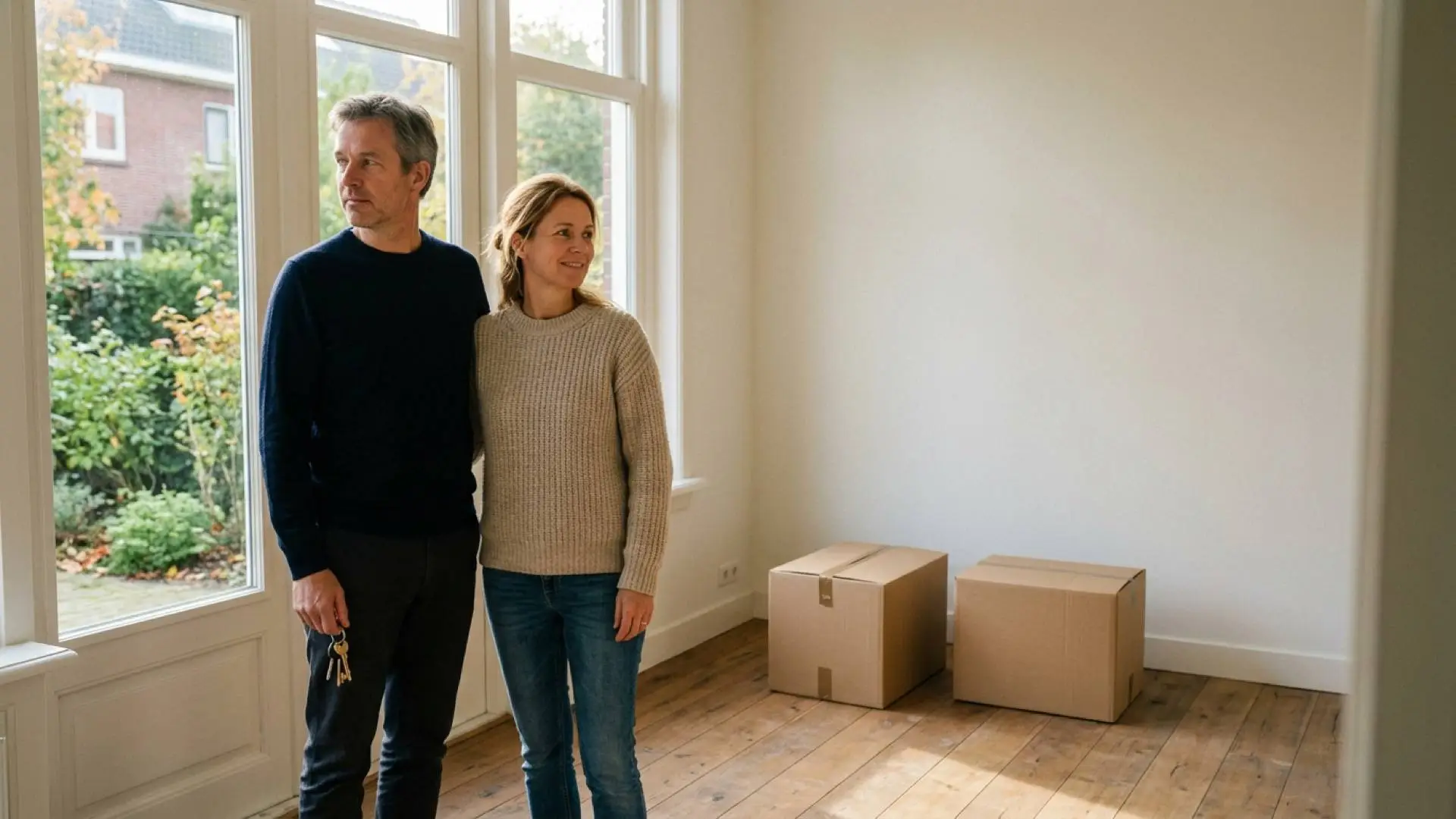 Man en vrouw van eind veertig staan met een sleutelbos en twee verhuisdozen in een lege woonkamer met houten vloer.