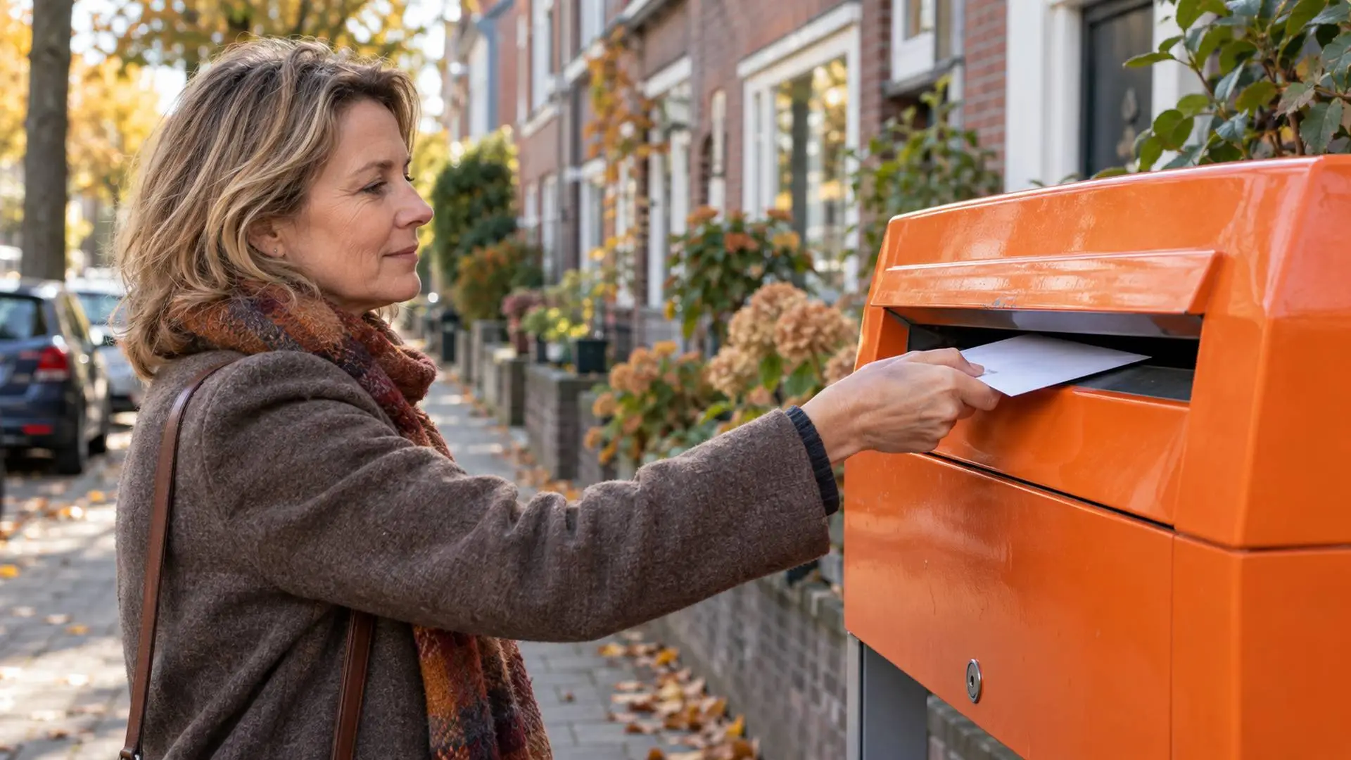 Een vrouw verstuurt een brief via een oranje straatbrievenbus.