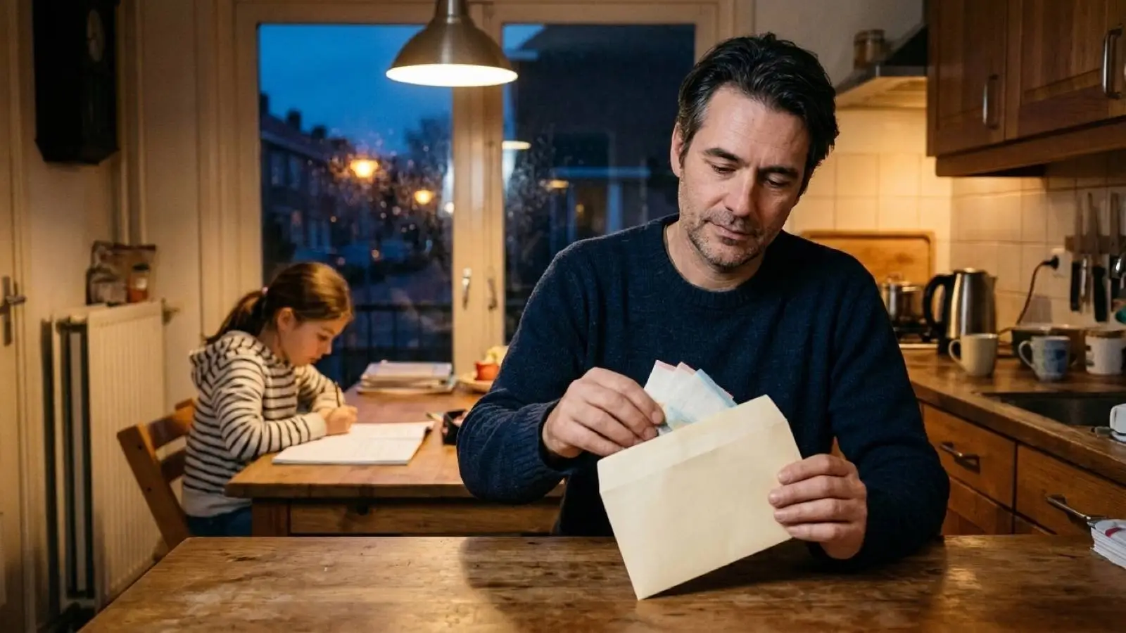 Man stopt 's avonds in de keuken briefgeld in een onbeschreven envelop terwijl zijn dochter aan tafel haar huiswerk maakt.