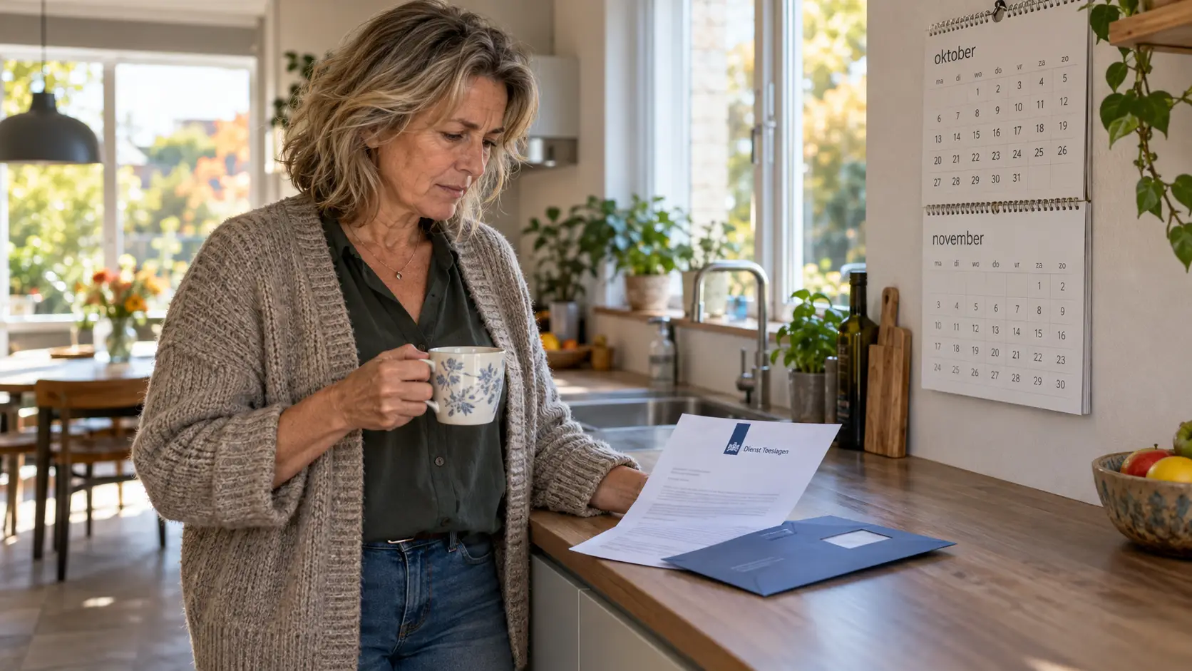 Vrouw bekijkt bij het aanrecht een brief van Dienst Toeslagen naast een wandkalender van het najaar.