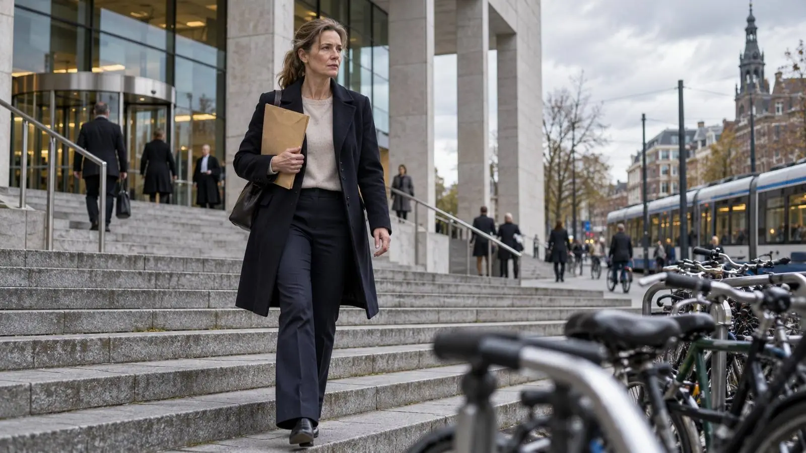 Vrouw met een envelop loopt de trap af van een modern rechtbankgebouw, met fietsen op de voorgrond