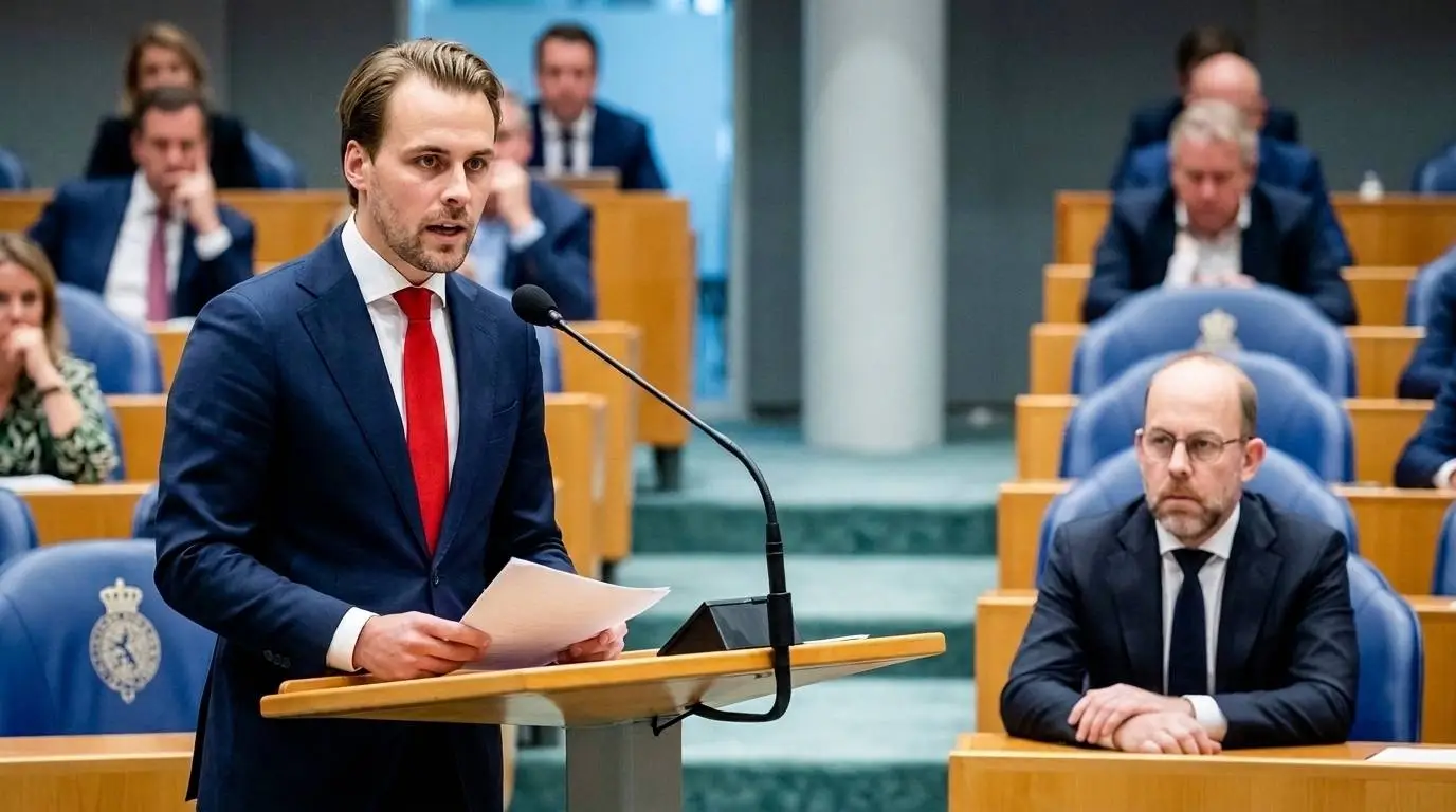 FVD-Kamerlid Tom Russcher bij de interruptiemicrofoon tegenover CDA-asielminister Bart van den Brink in Vak K