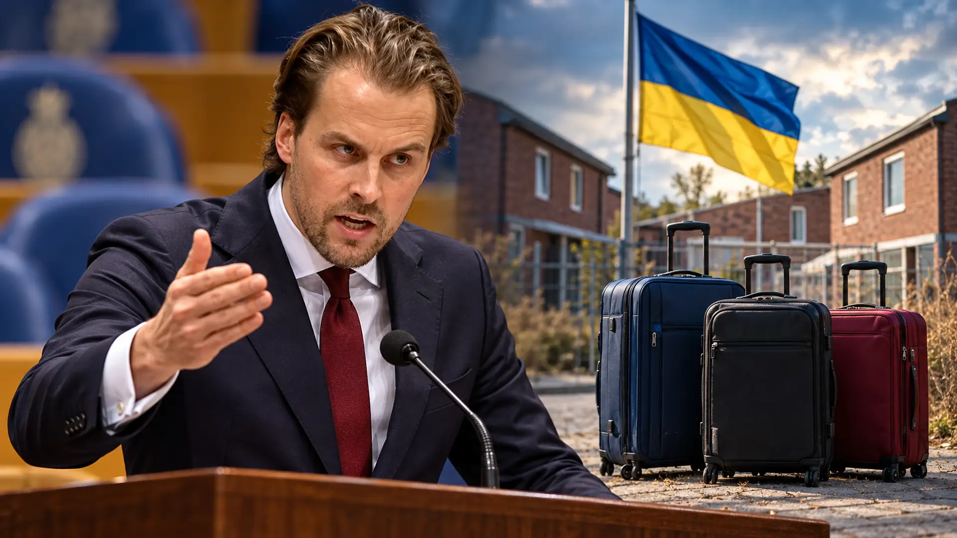 Illustratie van een boze Tom Russcher achter een spreekgestoelte, met een Oekraïense vlag en drie reiskoffers op de achtergrond.
