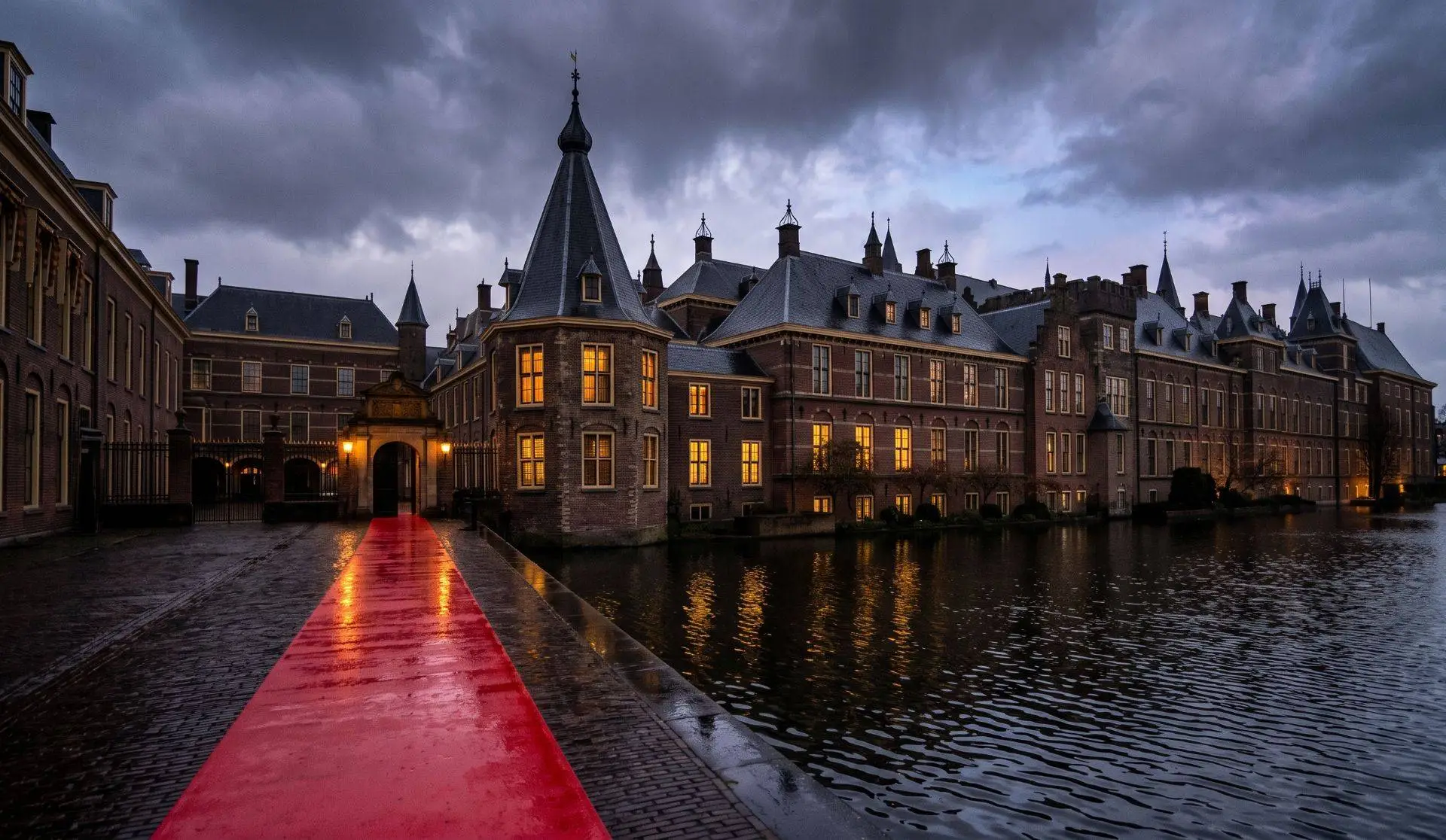 Het Binnenhof aan de Hofvijver bij valavond, met een rode loper naar de poort: Jettens gesprek met het Zwart Manifest