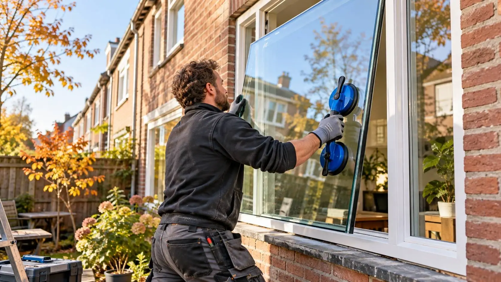 Een glaszetter plaatst met werkhandschoenen en een dubbele zuignap een isolatieruit in het kozijn van een rijtjeswoning.