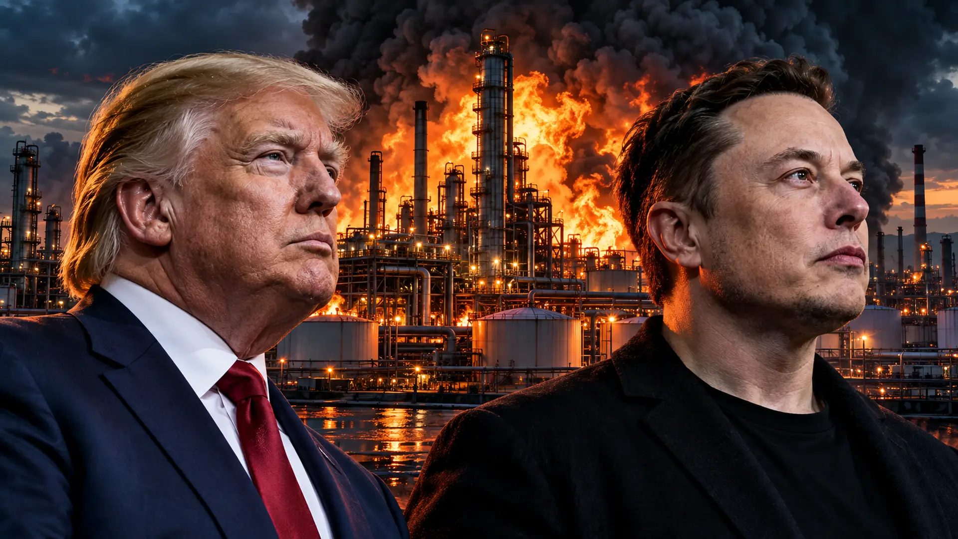 Illustratie van Donald Trump en Elon Musk tegen de achtergrond van een brandende olieraffinaderij.