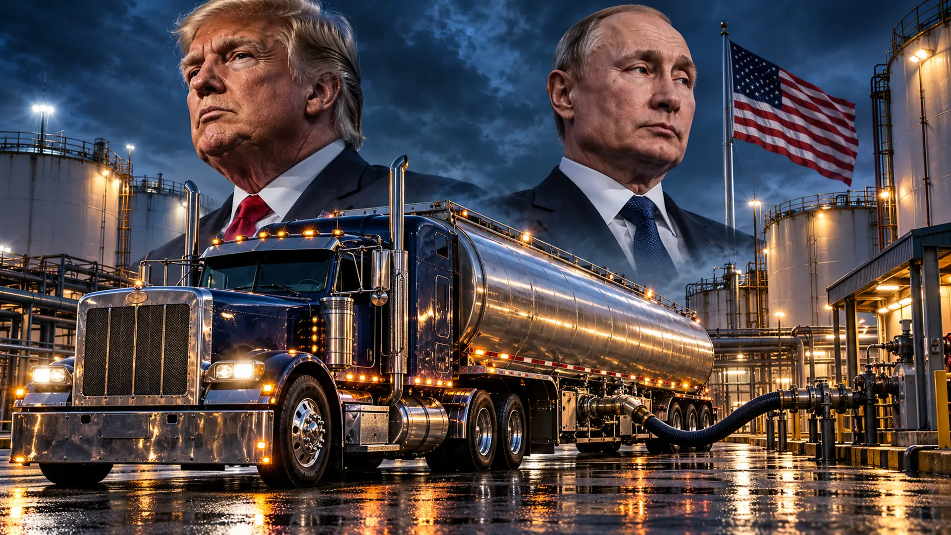 Redactionele montage van Trump en Poetin boven een Amerikaanse tankwagen die diesel lost bij een distributiecentrum.