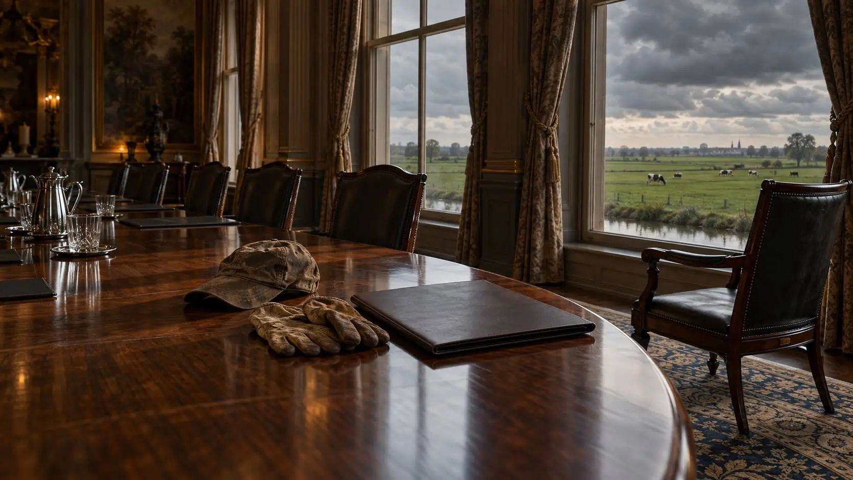 Lege vergadertafel met een boerenpet en werkhandschoenen, een weggeschoven stoel en weilanden met koeien achter het raam
