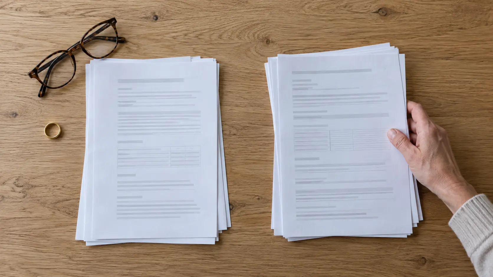 Documenten, een leesbril en een trouwring op een bureau bij een pensioenverdeling.