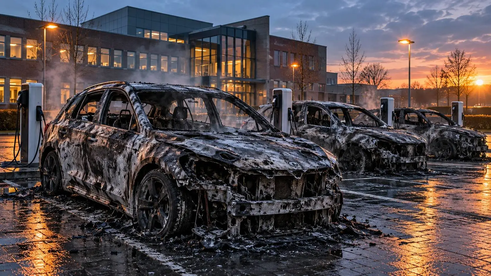 Illustratie van drie uitgebrande auto’s bij laadpalen voor een gemeentekantoor.