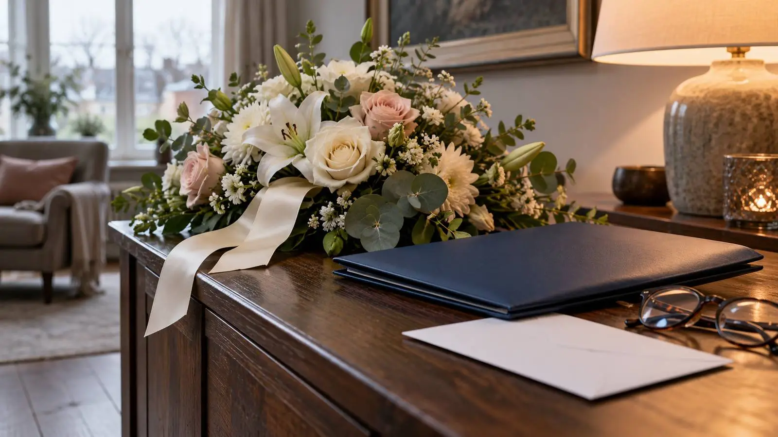Uitvaartbloemen met een blanco lint naast een gesloten map, envelop en leesbril op een houten dressoir.