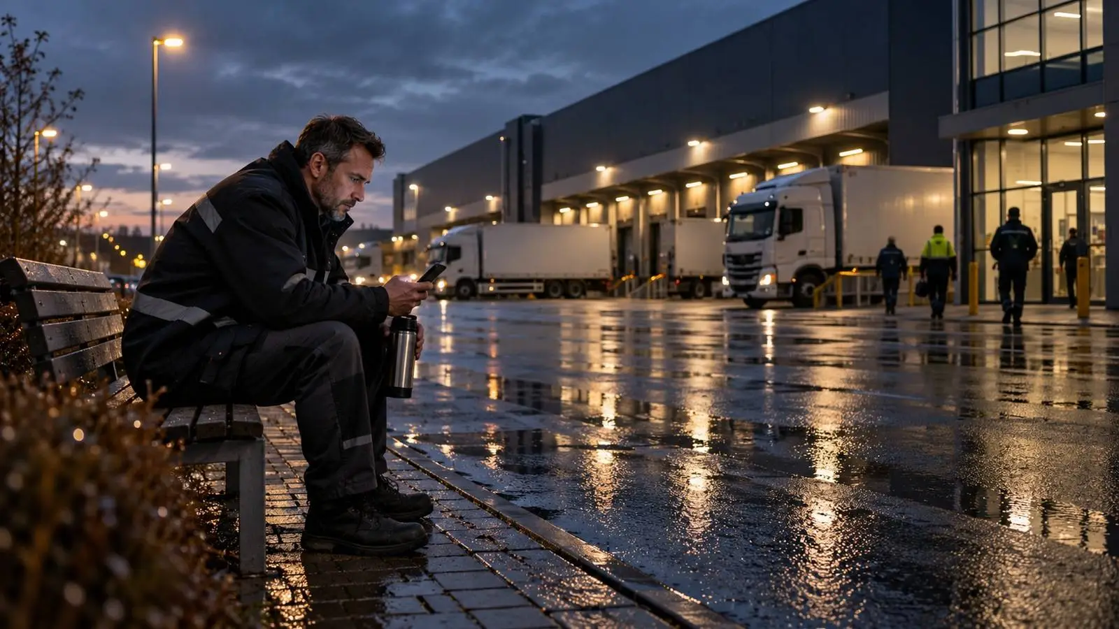 Man in werkkleding zit met een thermoskan op een bankje voor een distributiecentrum en kijkt op zijn telefoon.