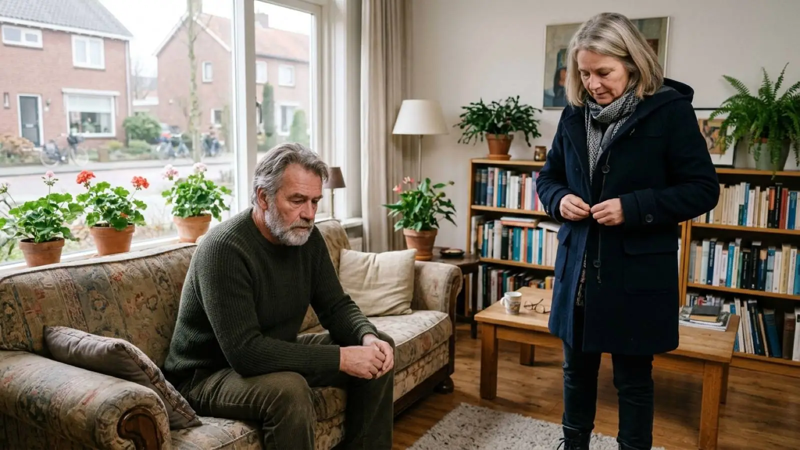 Nederlandse man en zijn werkende partner thuis in de woonkamer bij haar vertrek naar het werk