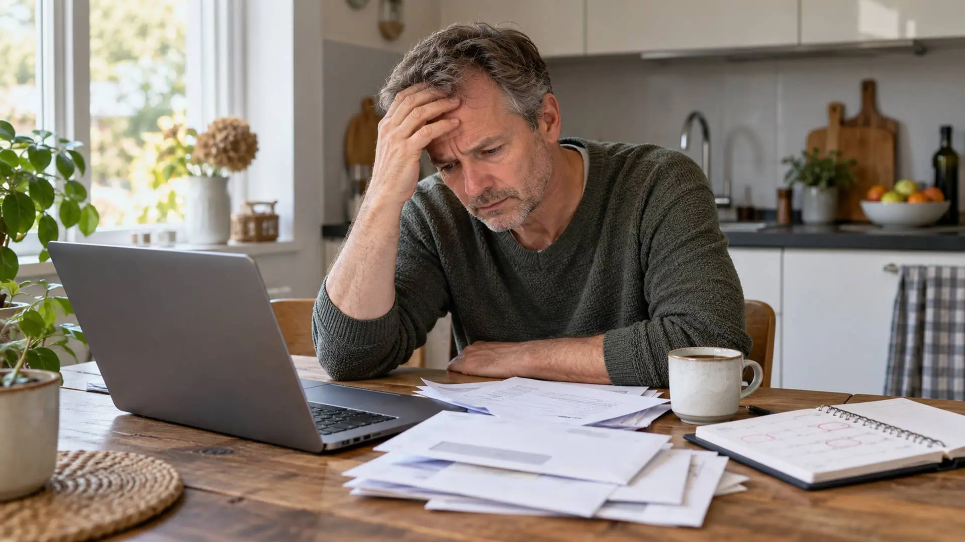Man aan de keukentafel wacht met laptop en brieven op een beslissing over zijn uitkering