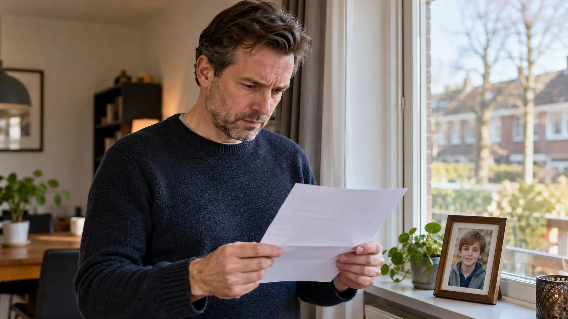 Vader leest bij het raam een brief van de gemeente, met een foto van zijn kind op de vensterbank