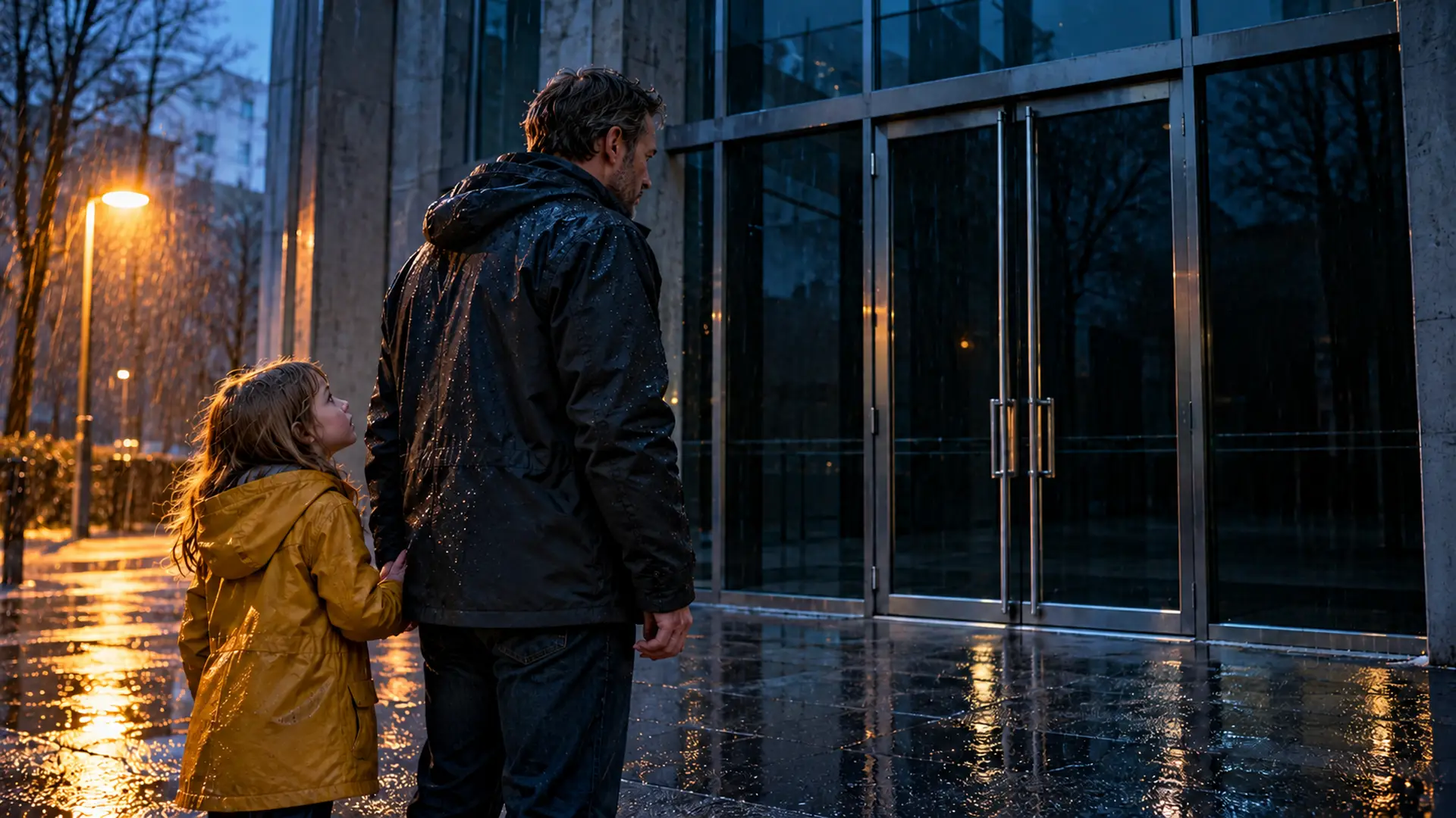 Vader met dochter in de regen voor de gesloten glazen deur van een grijs overheidsgebouw, symbool voor wachtende ouders