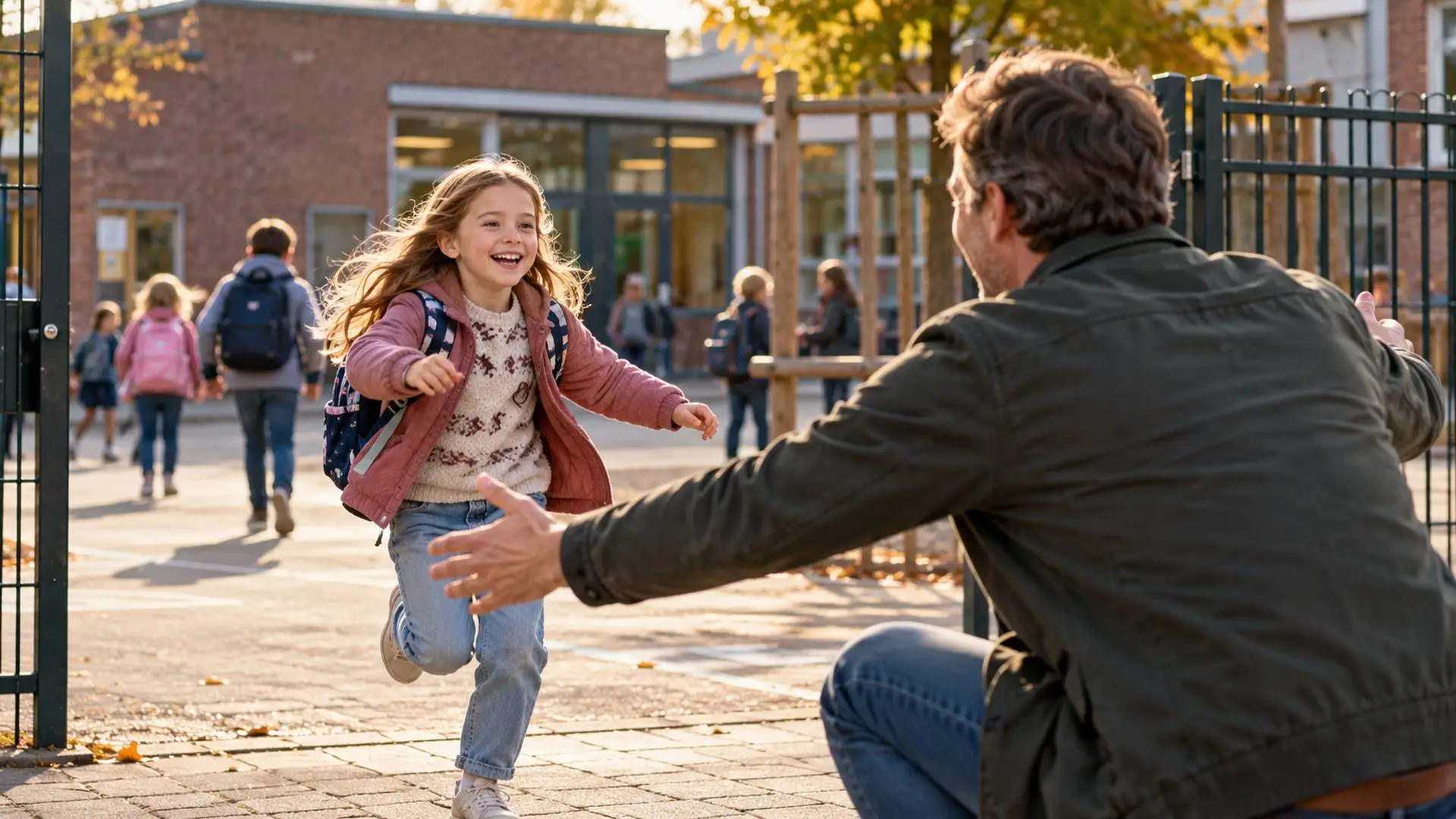 Vader haalt zijn dochter op bij het schoolplein, het meisje rent met haar rugzak op hem af