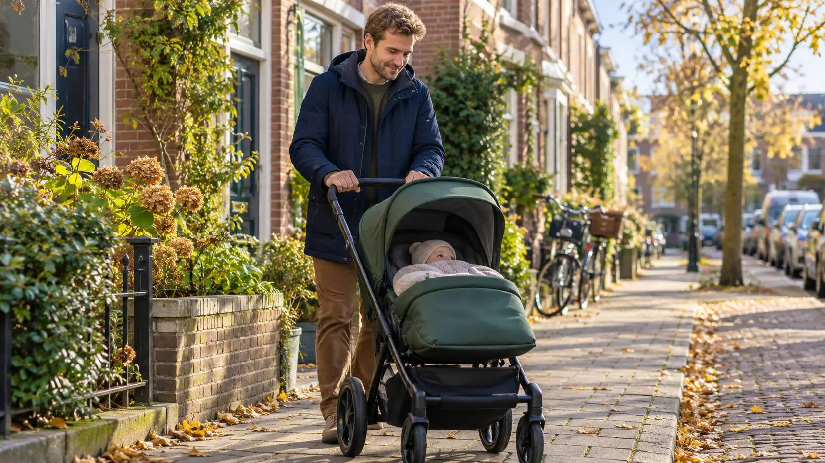 Vader duwt een kinderwagen met zijn baby over de stoep van een Nederlandse woonwijk op een herfstochtend.