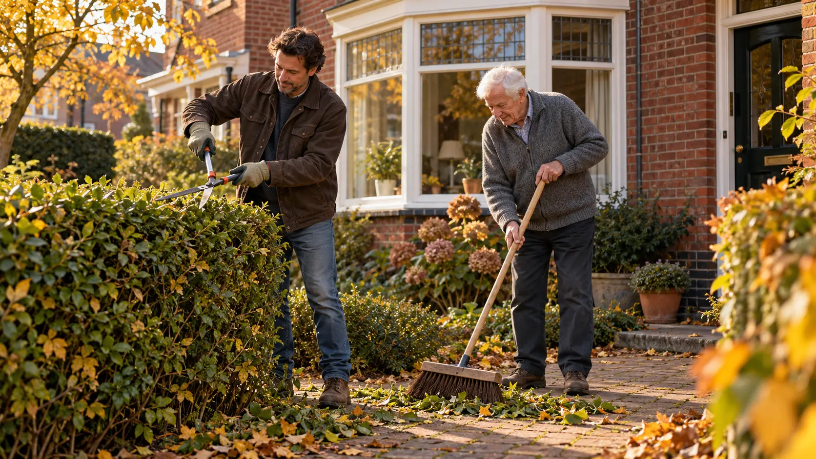 Zoon snoeit de heg terwijl zijn oudere vader takjes bijeenveegt voor een bakstenen jaren-dertigwoning met erker.
