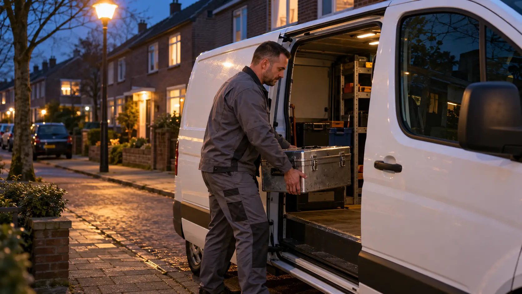 Man in werkkleding laadt ’s avonds een gereedschapskist door de schuifdeur van een witte bestelbus.
