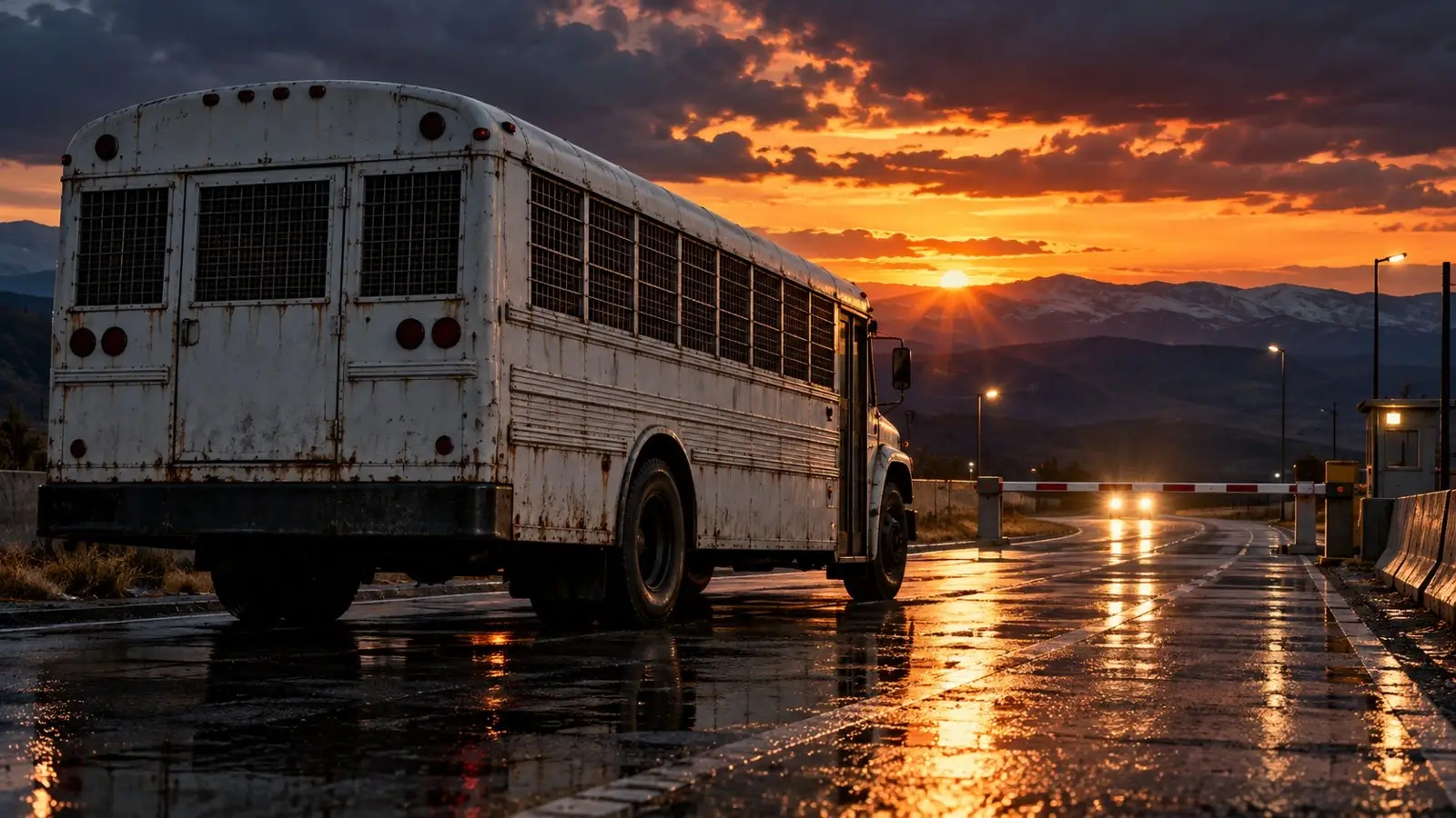 Afgeschreven gevangenisbus met getraliede ramen op een natte grensweg bij zonsondergang