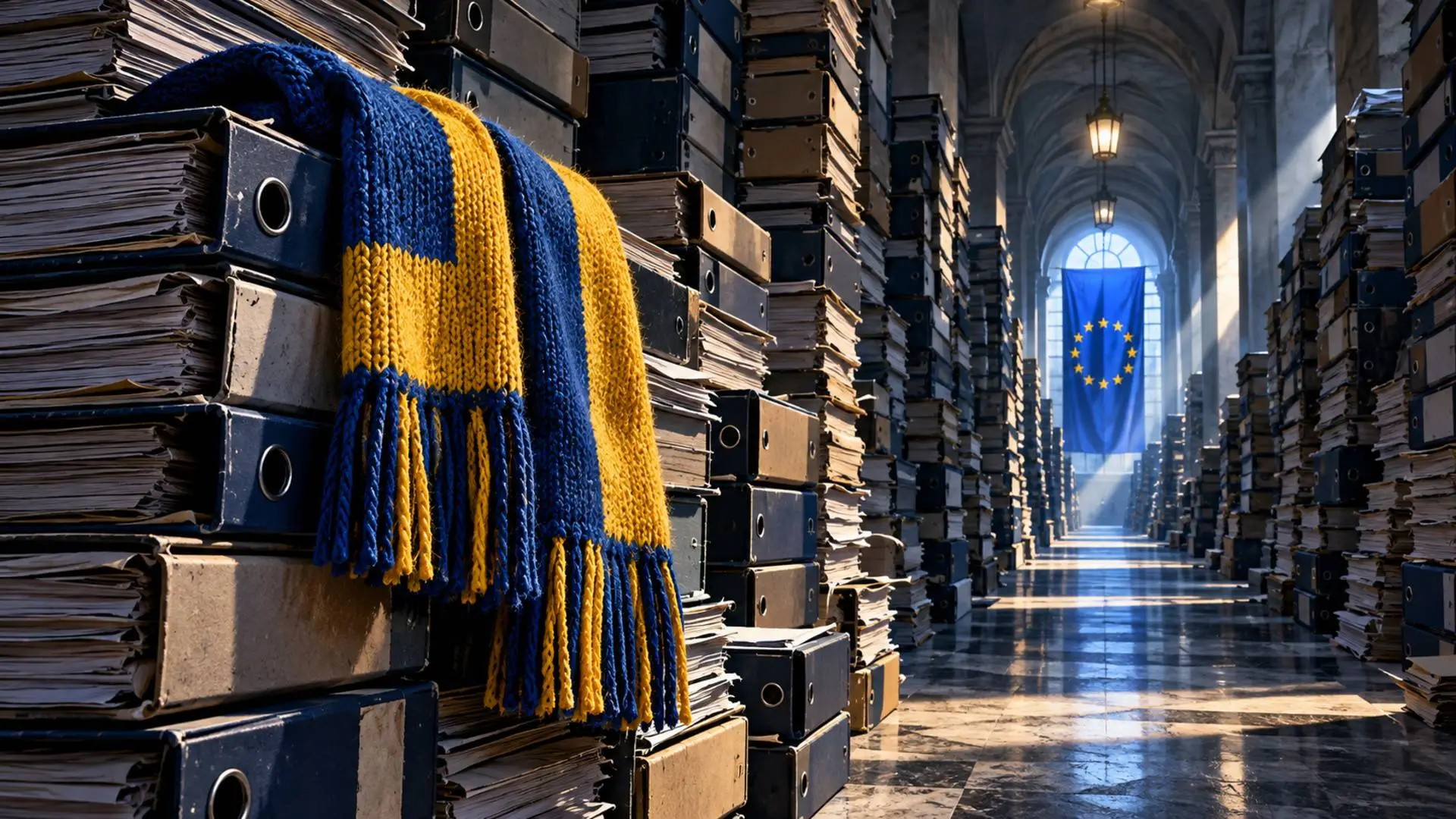 Stapels dossiermappen in een lange gang met een blauw-gele sjaal op de voorgrond en een Europese vlag in de verte