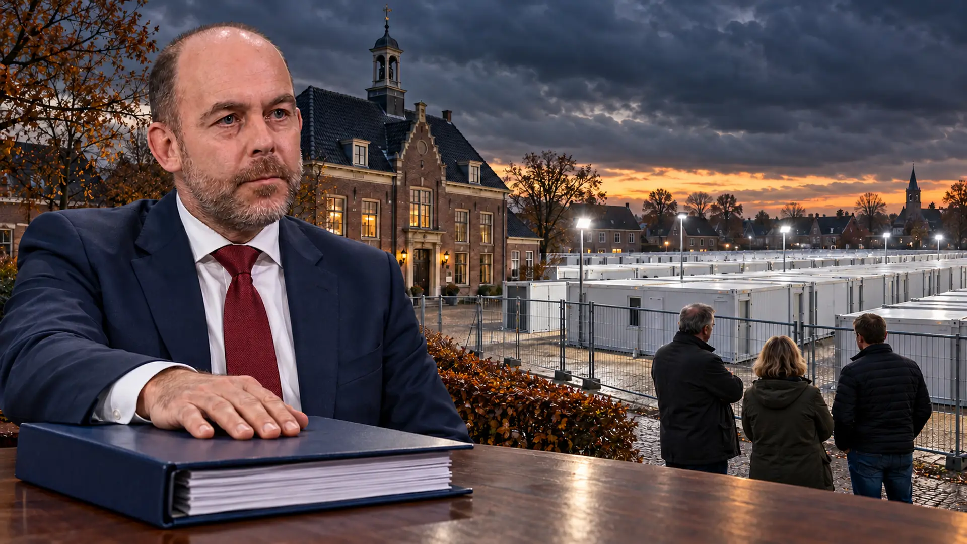 Illustratie van Bart van den Brink met een gesloten dossiermap, naast een gemeentehuis en inwoners die naar rijen opvangunits kijken.