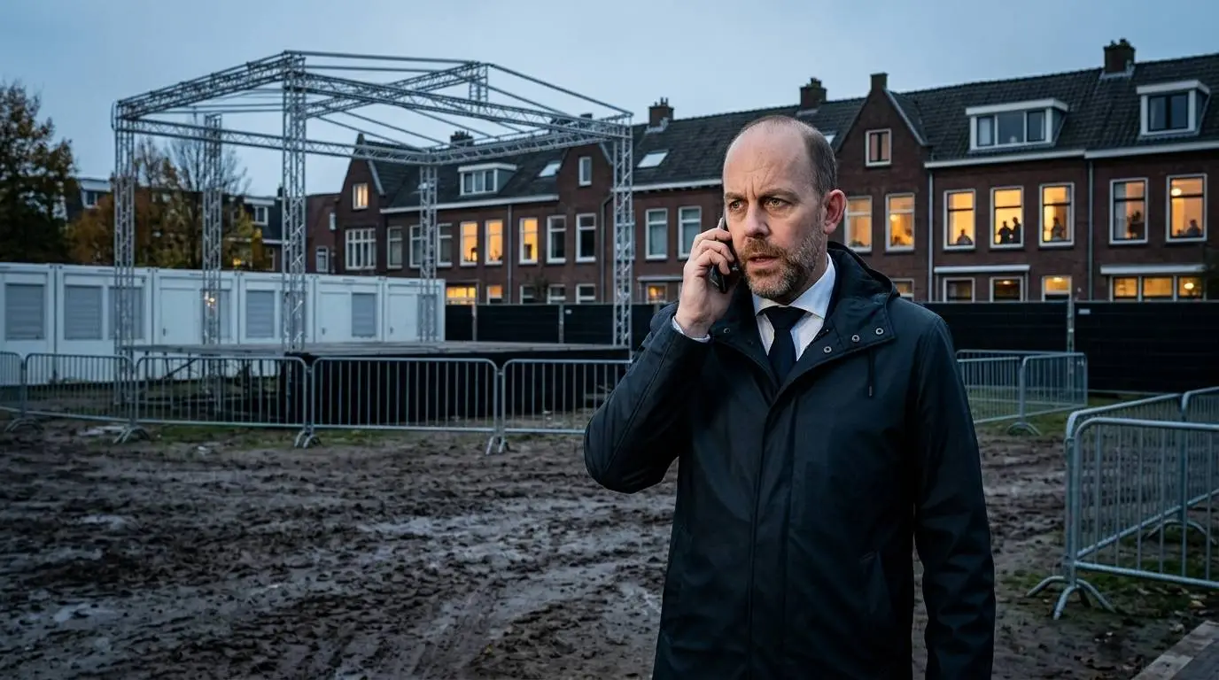 Minister Bart van den Brink belt in een regenjas op een leeg, modderig festivalterrein met achter hem een kaal podiumskelet, witte wooncontainers achter hekken en een rij verlichte rijtjeshuizen waar bewoners naar buiten kijken
