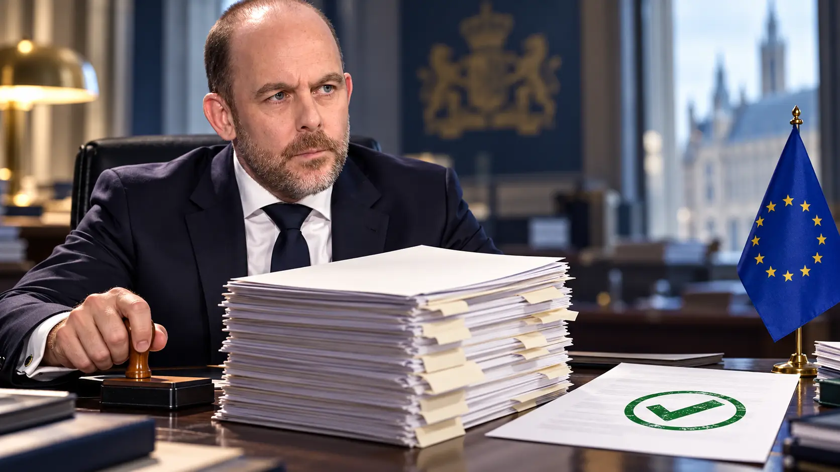 Illustratie van Bart van den Brink achter een bureau met een dik dossier, een aanvraag met een groen vinkje en een EU-vlaggetje.
