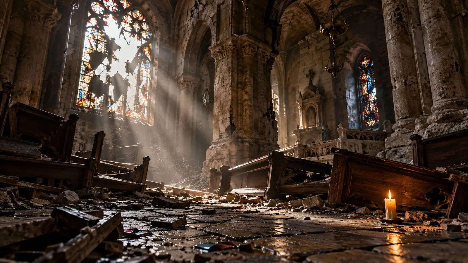 Verwoeste kerk met gebroken glas-in-loodraam, omgevallen banken en één brandende kaars