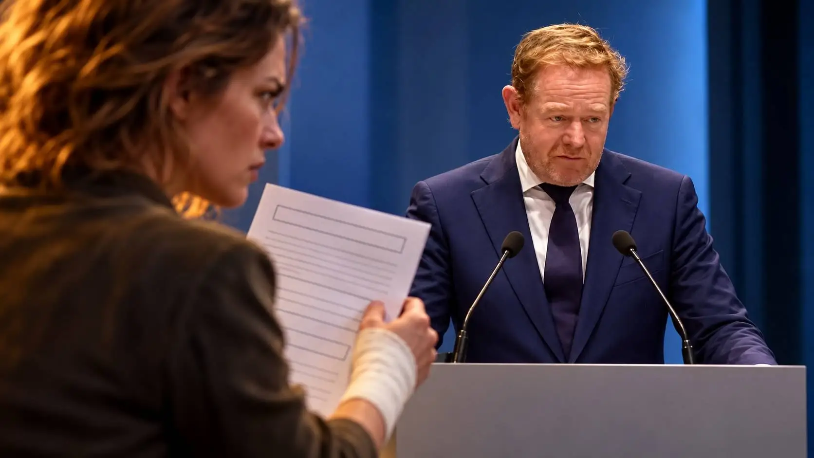 Van Weel achter een spreekgestoelte, op de voorgrond een vrouw met verband om haar pols en een formulier