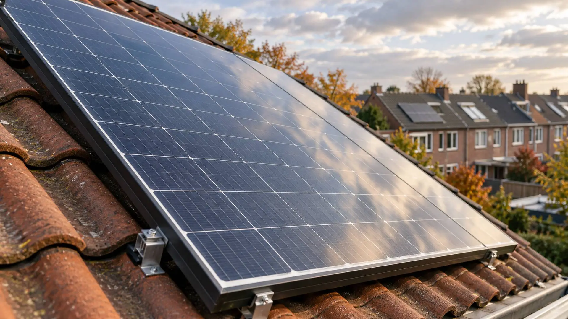 Zonnepanelen op het pannendak van een Nederlandse rijtjeswoning.
