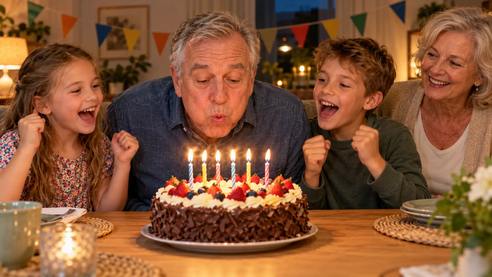 Man blaast de kaarsjes op zijn verjaardagstaart uit terwijl twee kleinkinderen juichen en zijn vrouw lachend toekijkt.