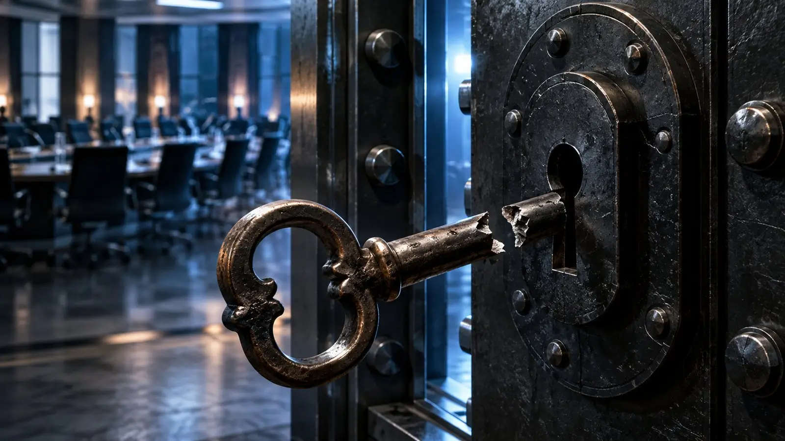 Afgebroken sleutel in het slot van een zware stalen kluisdeur