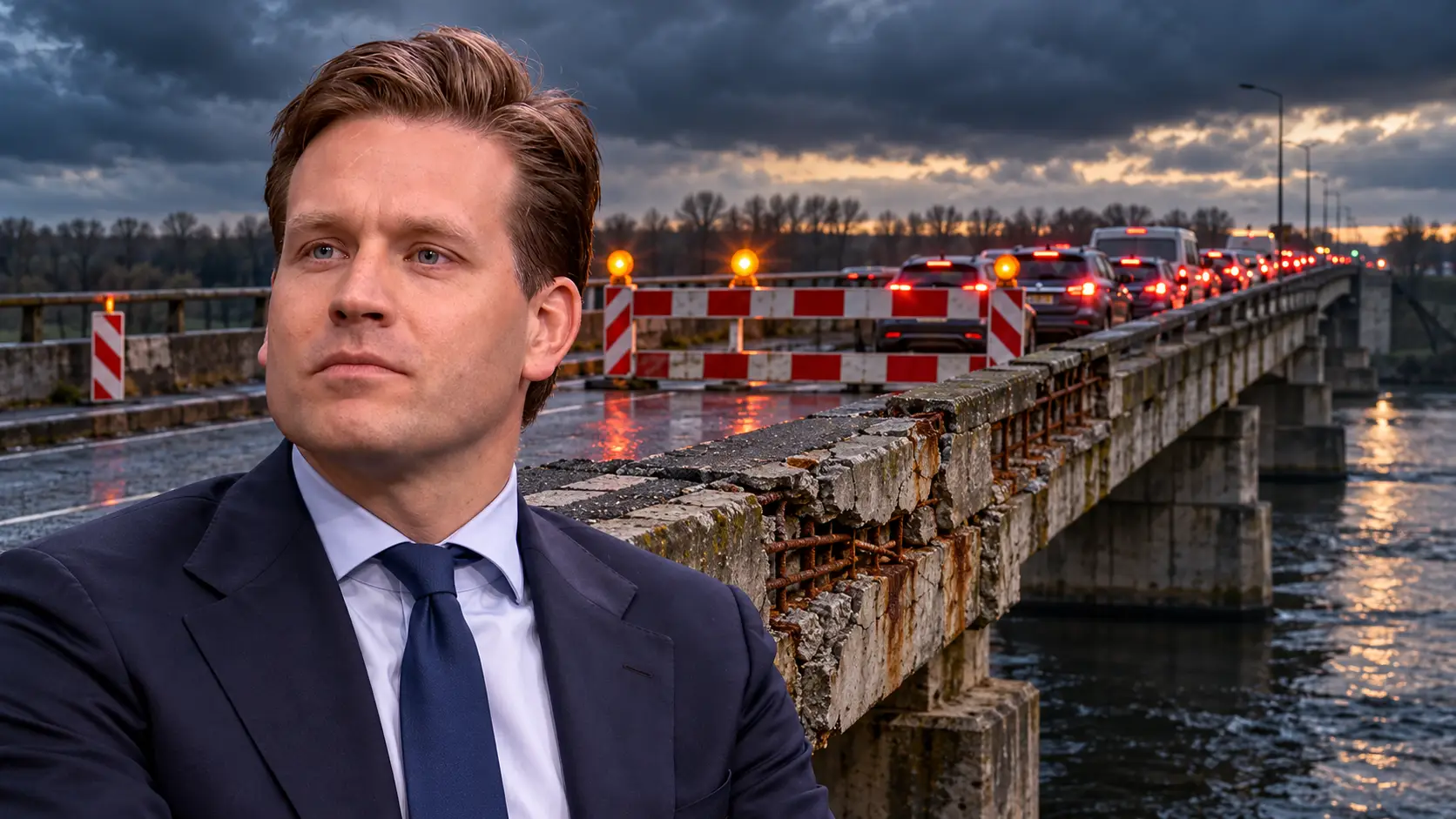 Illustratie van Vincent Karremans bij een afbrokkelende, afgesloten verkeersbrug met knipperlichten en een lange file.