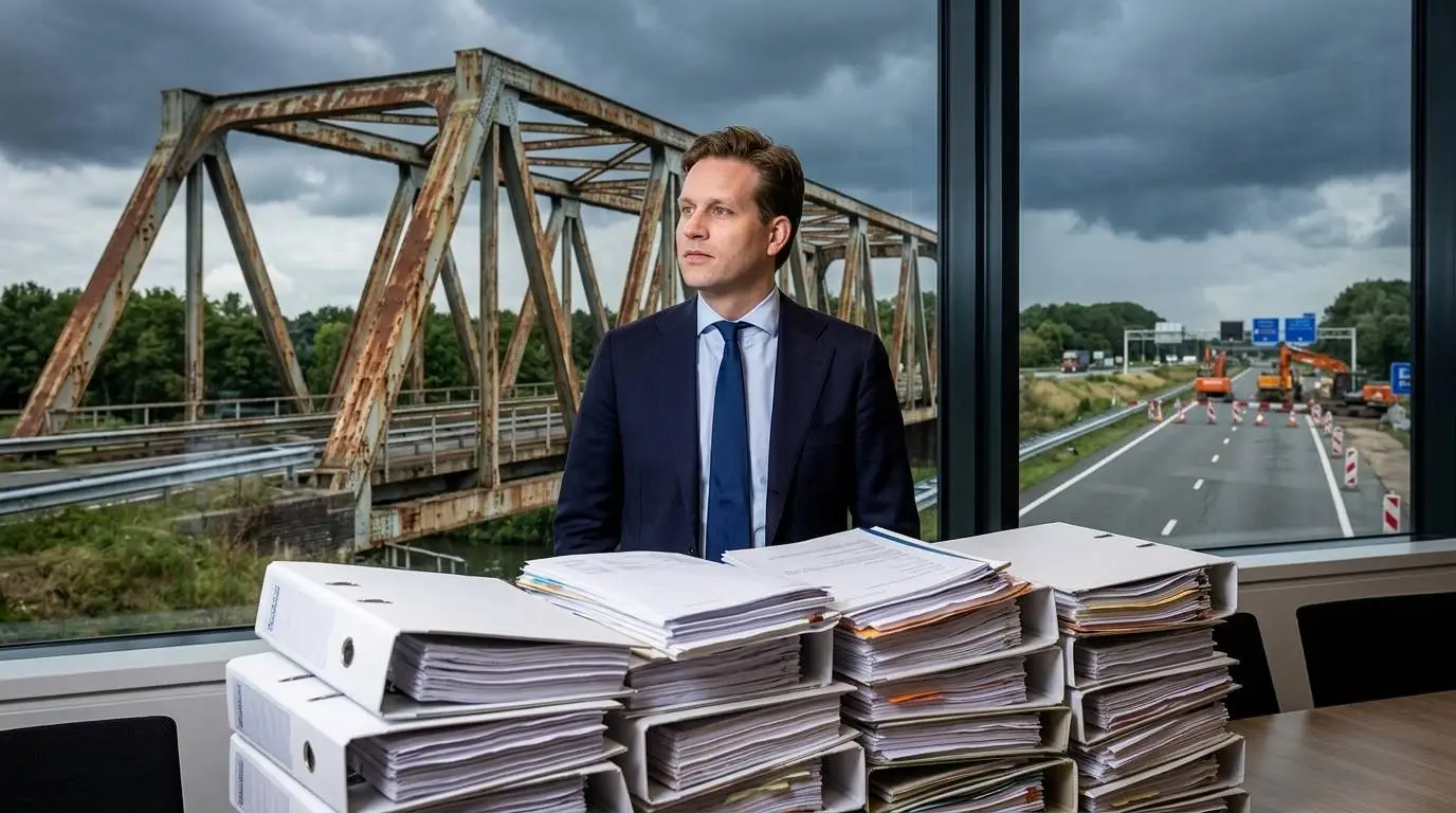 VVD-minister Vincent Karremans achter stapels aanbestedingsdossiers, met een roestige stalen brug en wegwerkzaamheden