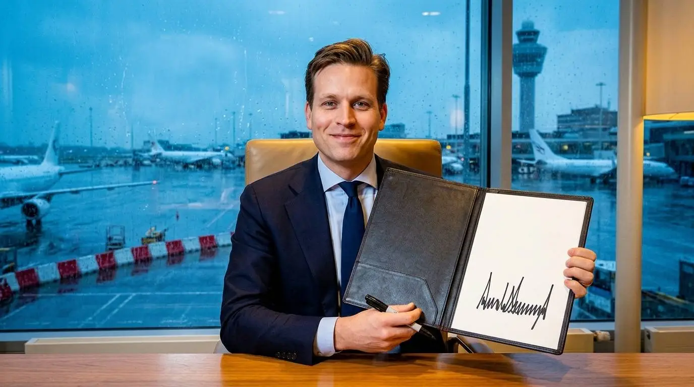 Minister Vincent Karremans toont lachend een ondertekenmap met een grote zwarte handtekening voor een raam op Schiphol in de regen.