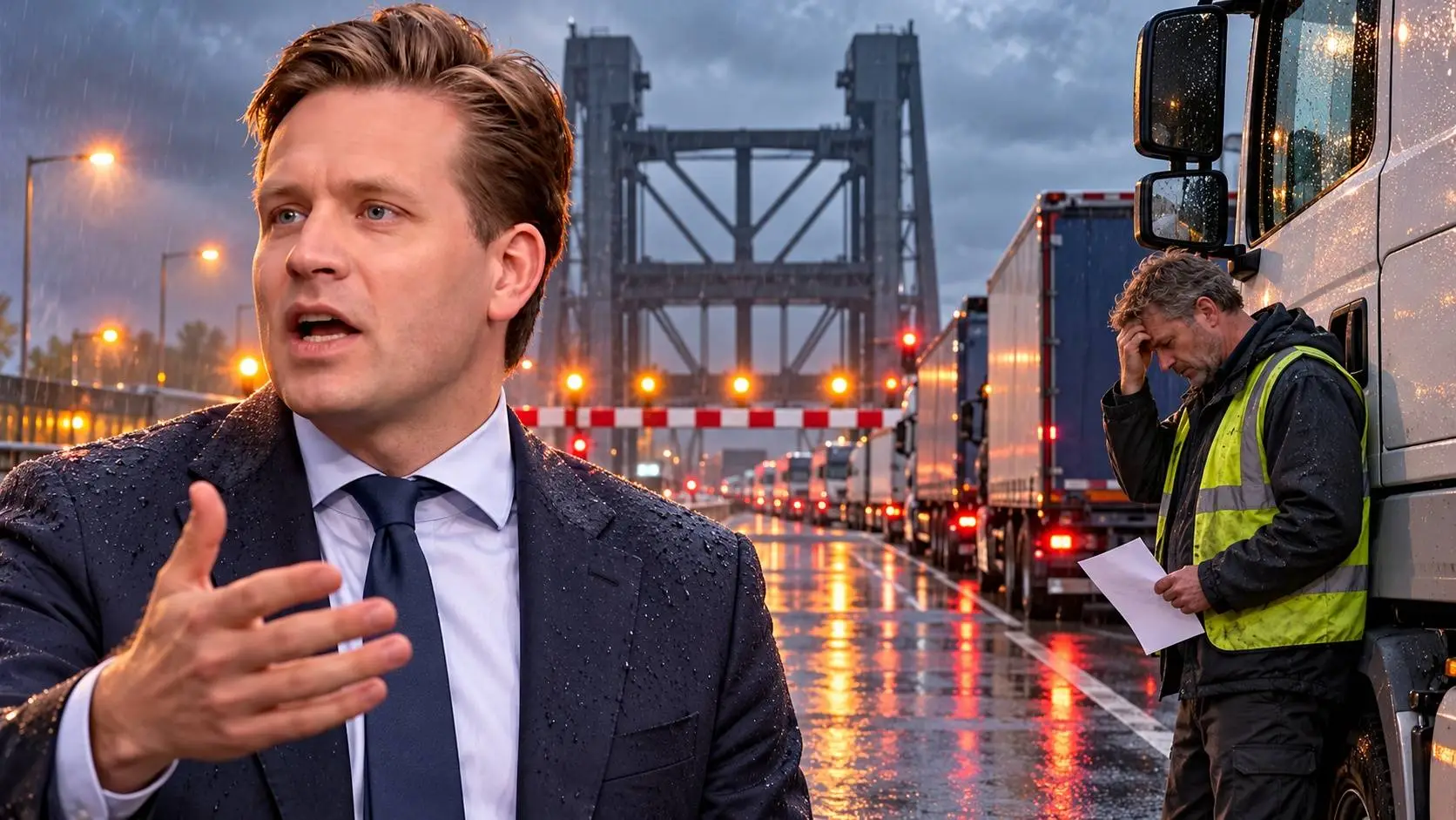 AI-Illustratie van Vincent Karremans bij een afgesloten brug met stilstaande vrachtwagens en een chauffeur met een brief.