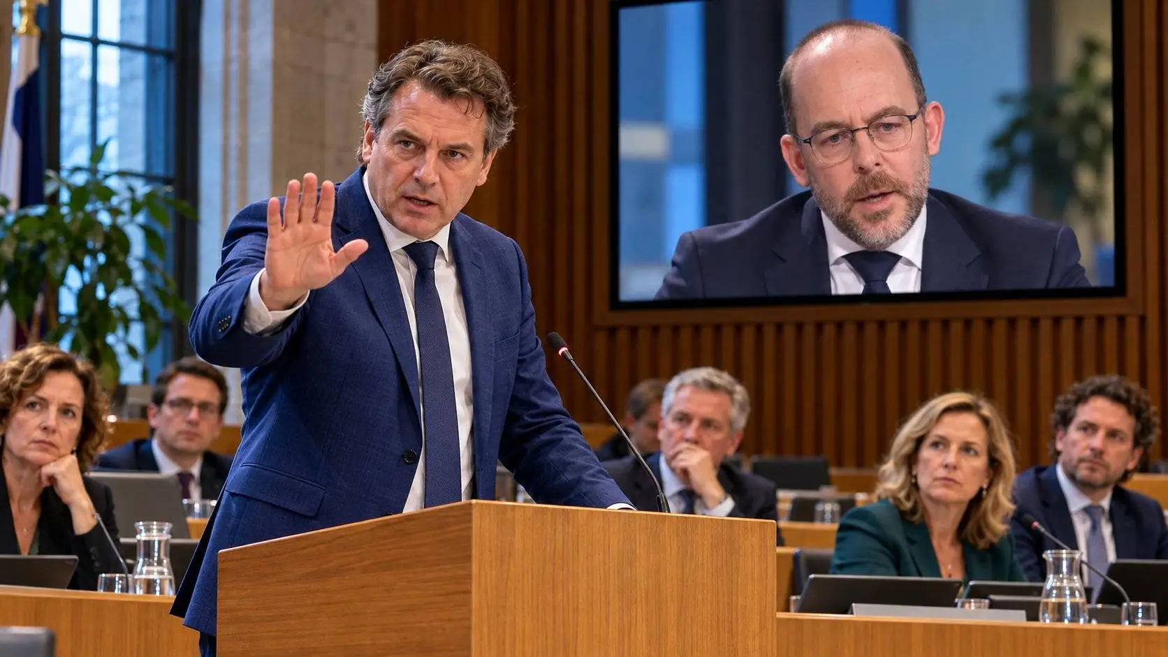 Wethouder in blauw pak steekt zijn hand op achter een spreekgestoelte, raadsleden kijken toe, Van den Brink op groot scherm