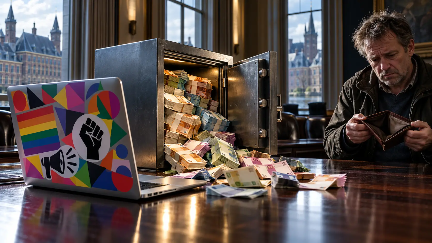 Een laptop met stickers naast een open kluis met geld op een vergadertafel tegenover een burger met een lege portemonnee.