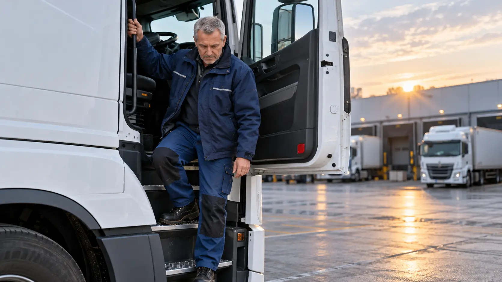Vrachtwagenchauffeur stapt ’s ochtends uit de cabine van zijn vrachtwagen op een distributieterrein.