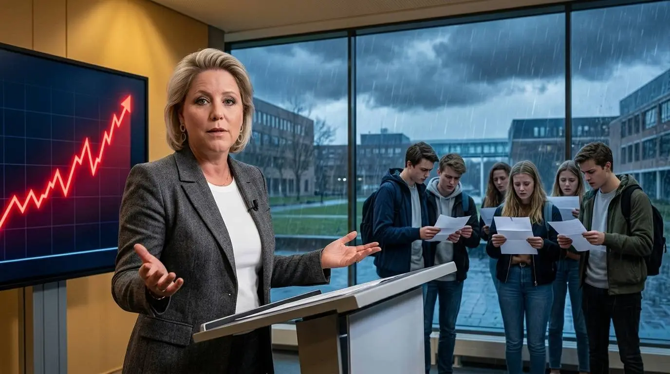 Illustratie van Minister Rianne Letschert bij een lessenaar met op de achtergrond studenten in de regen en een rood stijgende rentegrafiek.