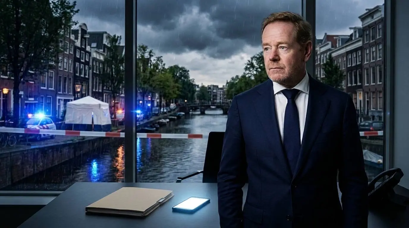 Illustratie van Minister David van Weel bij een gesloten dossier met op de achtergrond blauwe zwaailichten en politielint in Amsterdam.