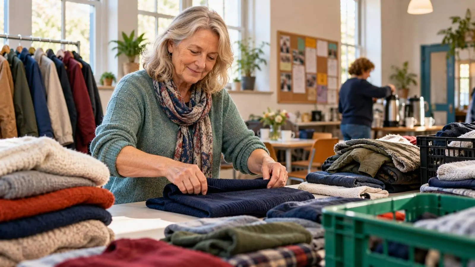 Vrijwilliger vouwt kleding aan een tafel in een buurthuis, terwijl een tweede vrijwilliger koffie zet.