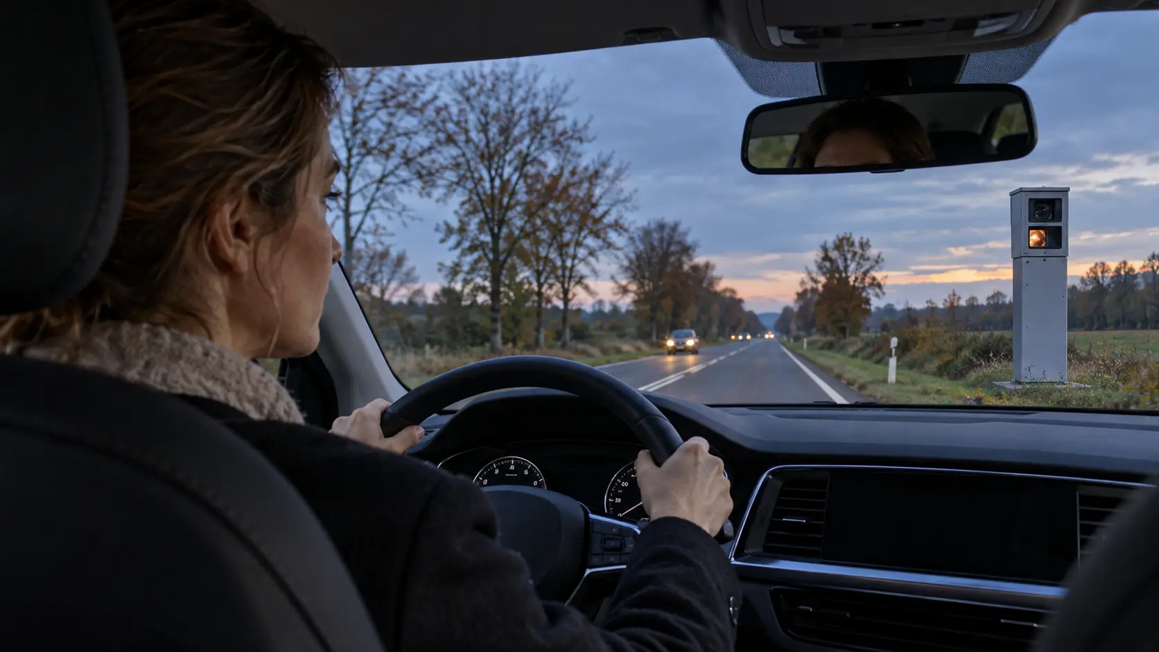 Vrouw rijdt in de schemering over een provinciale weg met een grijze flitspaal in de berm.