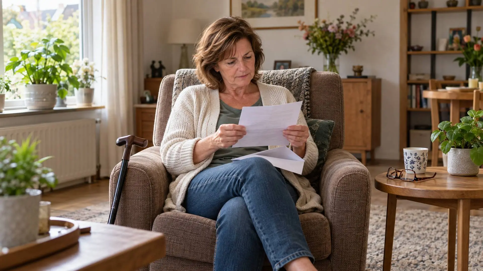 Vrouw in een fauteuil leest een brief, met een wandelstok tegen haar stoel.