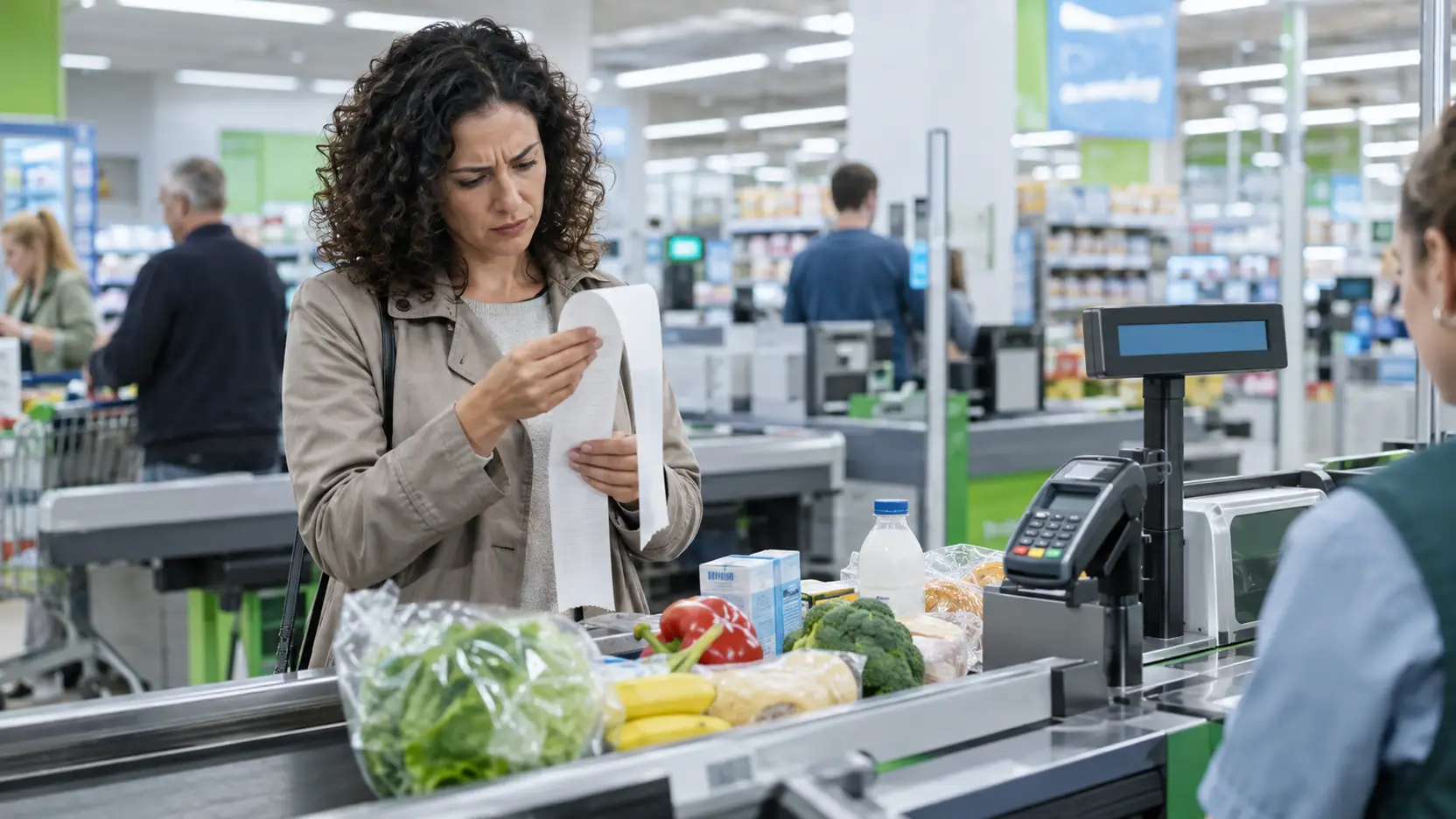Vrouw controleert haar kassabon bij de kassa van een supermarkt