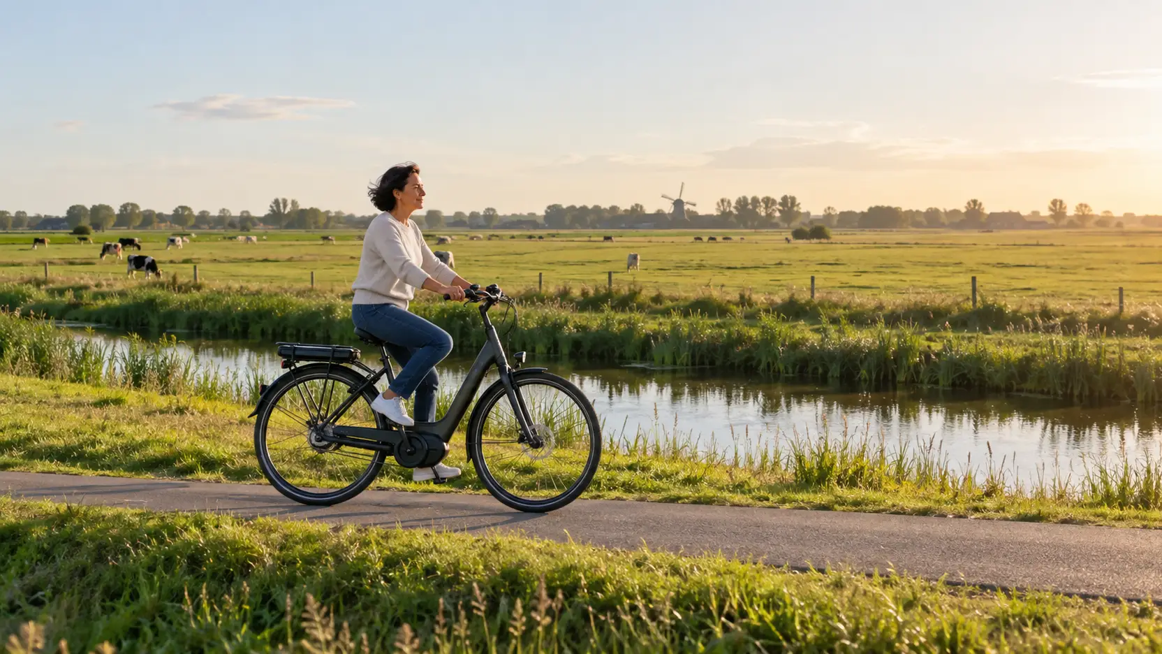 Vrouw op een elektrische stadsfiets op een dijk met weilanden en een sloot in het licht van de late middagzon